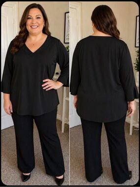 Maggie Barnes 5X Black Blouse Plus Size Flowy Career Top 3/4 Sleeve Minimal Chic